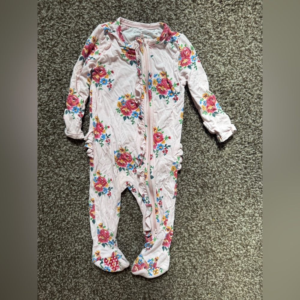 Angel Dear bamboo viscose pink floral zipper footies, size 3-6 mos